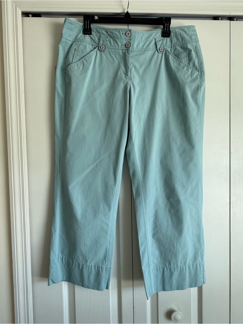 Light Aqua Cropped Jeans with Button-Waist Detail